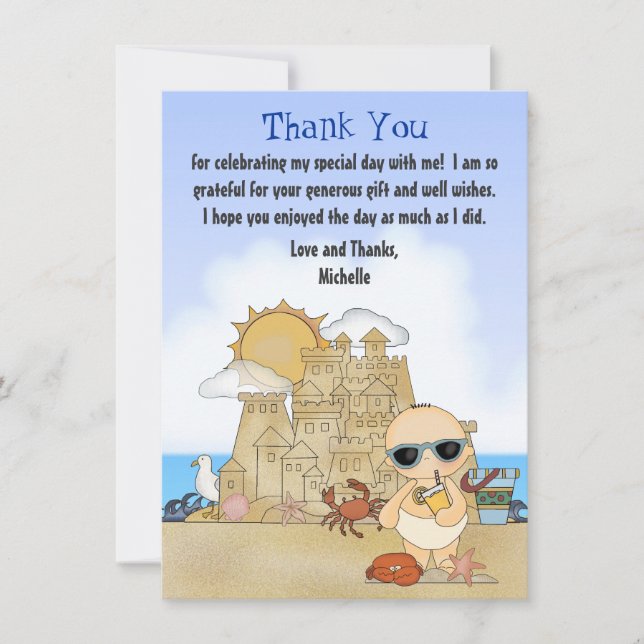 Cool Beach Baby Sandcastle Boys Babydusche Flat Dankeskarte (Vorderseite)