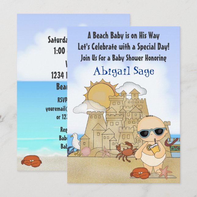 Cool Beach Baby Sandcastle Boys Kinderdusche Einladung (Vorne/Hinten)