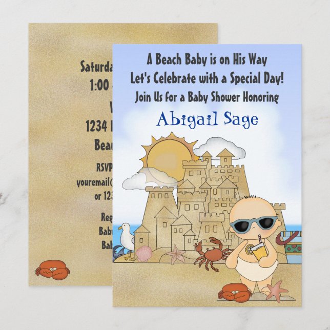 Cool Beach Baby shower Invitation pour garçons (Devant / Derrière)