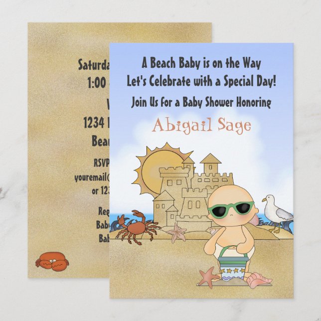 Cool Beach Baby und Sandcastle Neutral Baby Dusche Einladung (Vorne/Hinten)