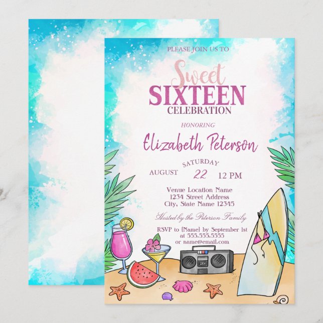 Cool Beach Cocktail Fruits Sommer Süß 16 Party Einladung (Vorne/Hinten)