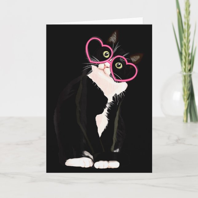 Cool Black Cat Kitten Red Heart Gles Happy Valenti Karte (Vorderseite)