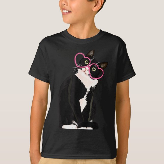 Cool Black Cat Kitten Red Heart Gles Happy Valenti T-Shirt (Vorderseite)