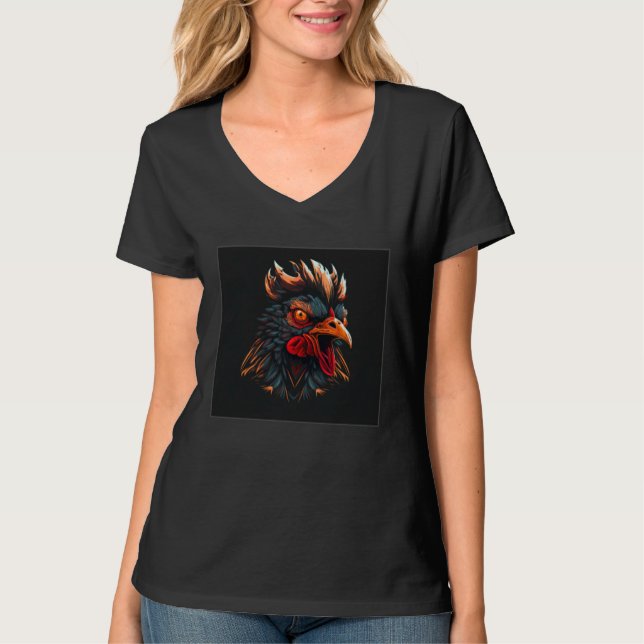 Cool Black Chicken Illustration Rooster Minimal Wo T-Shirt (Vorderseite)