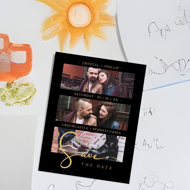 Cool Black Golden Romantic Wedding 3 Multi Photos Magnetkarte (Cool Black Golden Romantic Wedding 3 Multi Photos Wedding Save the Date Magnet)