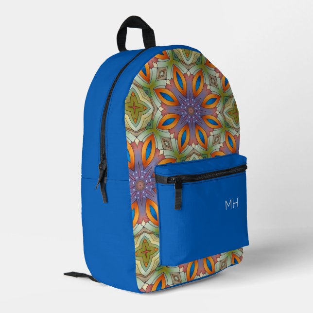 Cool-Blaue Mandala-Muster-Monogramm-Initialen Bedruckter Rucksack (Rückseitige Ecke links)