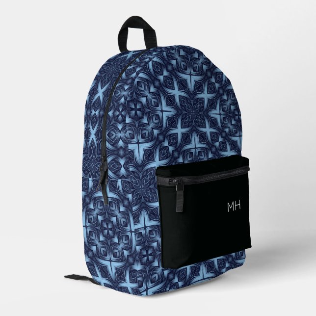 Cool-Blaue Mandala-Muster-Monogramm-Initialen Bedruckter Rucksack (Rückseitige Ecke links)