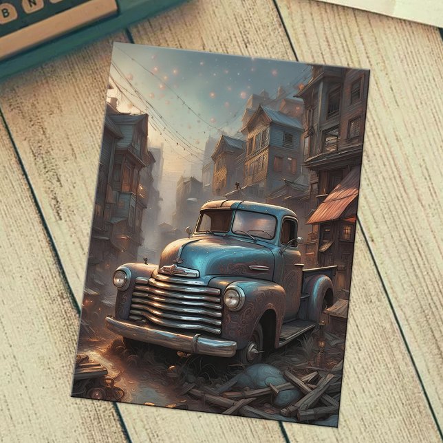 Cool Blue Classic Lieferwagen Truck Vintag Fantasy Postkarte (Dreamy vintage truck postcard art)