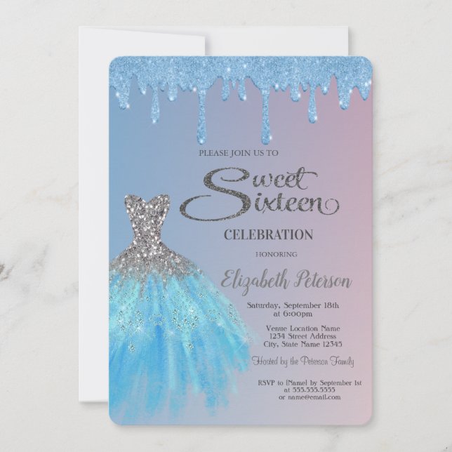 Cool Blue Glitzer Tropfen, Blue Dress Sweet 16 Einladung (Vorderseite)