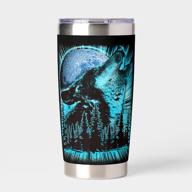 Cool Blue Howling Wolf Moon Pine Forest Cool Thermobecher (Vorderseite)