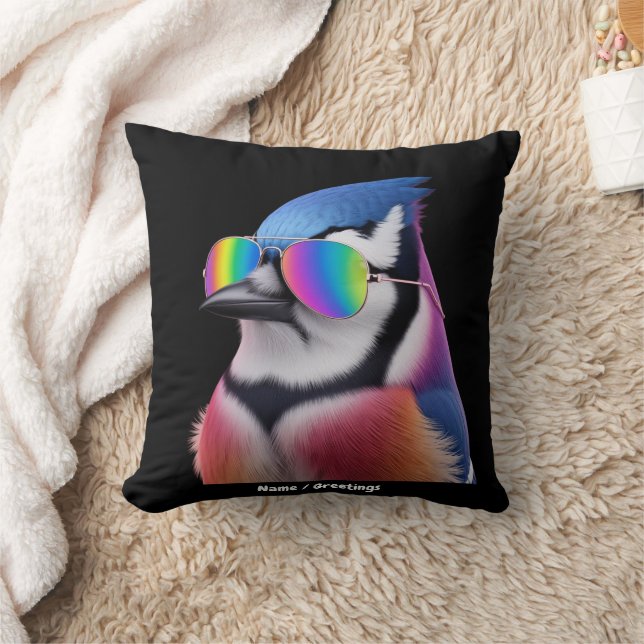 Cool Blue Jay Bird Tragen einer Sonnenbrille Retro Kissen (Decke)