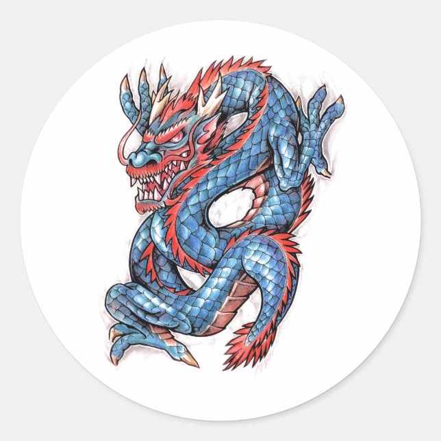 Cool Blue Oriental Dragon Tattoo Runder Aufkleber (Vorderseite)