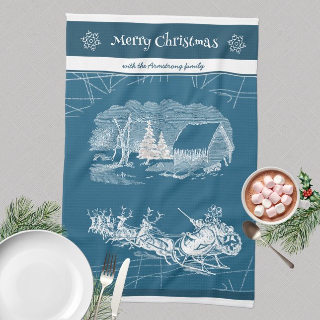 Cool Blue Santa Claus Winter Décor Geschirrtuch (Merry Christmas 🎅🏻 Santa Sleigh Reindeers Blue Kitchen Towel ©Susanne Sachers - Sunny Mind Design )