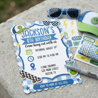 Cool Blue Skateboard Checkered Boys Birthday Einladung