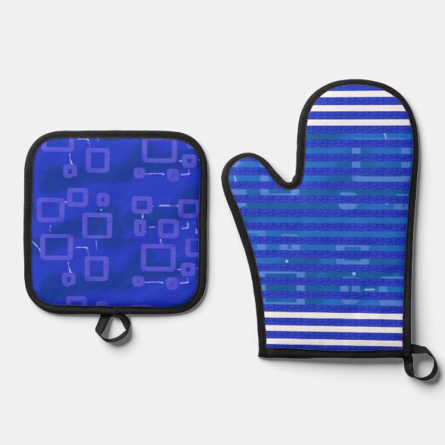Cool Blue White Geometric Stripes Ofenhandschuh & Topflappen-Set (Vorderseite)