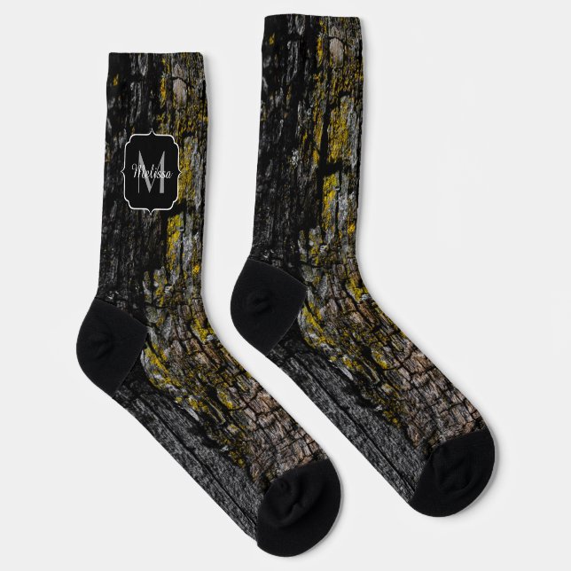 Cool-Braune Braunholzrinde, gelb Flecht Monogram Socken (Rechts)