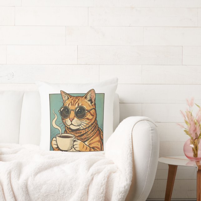 Cool Cat Coffee Retro Style Design for Cat Lovers Kissen (Liege)