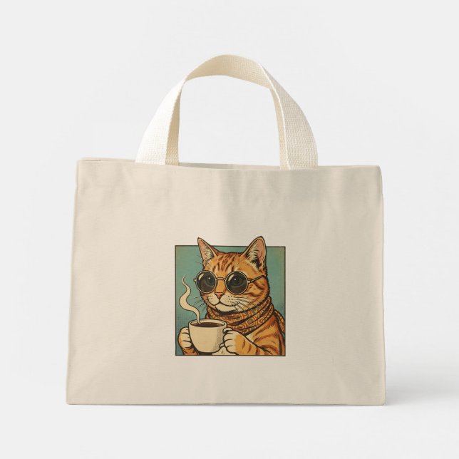 Cool Cat Coffee Retro Style Design for Cat Lovers Mini Stoffbeutel (Rückseite)