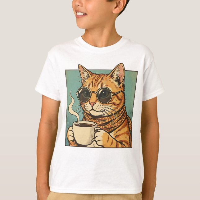 Cool Cat Coffee Retro Style Design for Cat Lovers T-Shirt (Vorderseite)