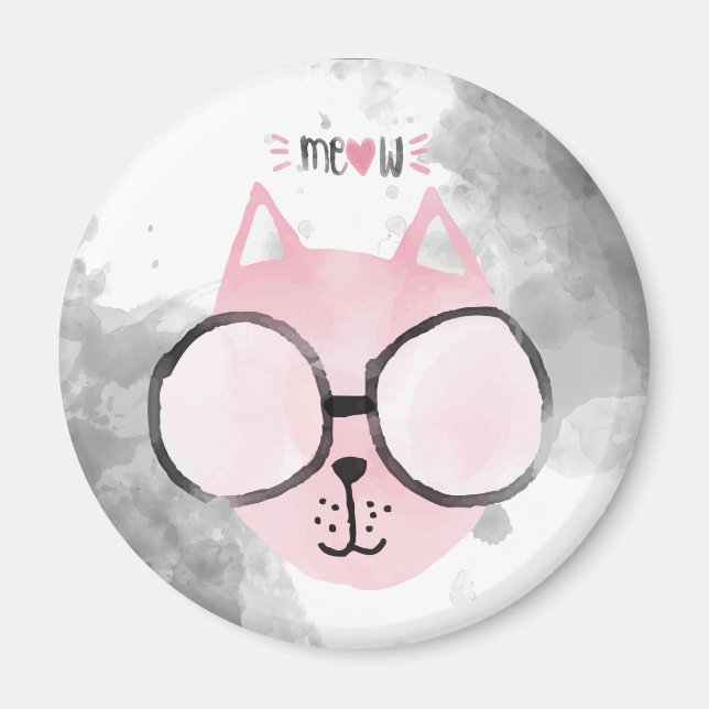 Cool Cat Pink Wasserfarbe Meow Magnet (Vorne)