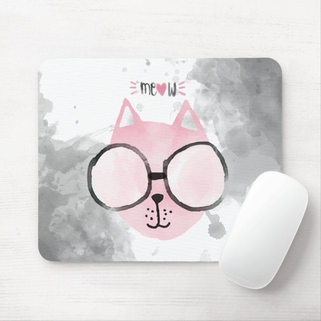 Cool Cat Pink Wasserfarbe Meow Mousepad (Mit Mouse)