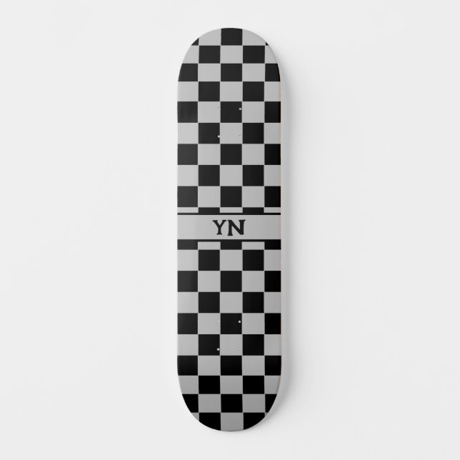 Cool Checkered Black and Graue Name Initials Skateboard (Vorderseite)