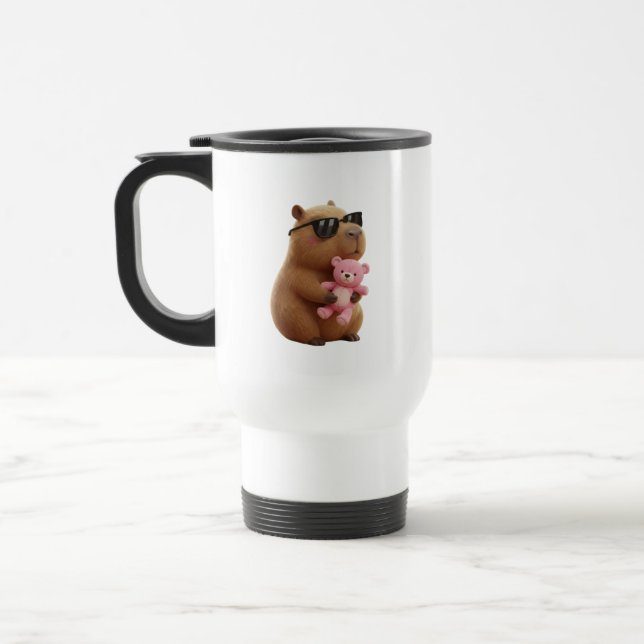 Cool Chill Capybara Hugging Teddy Bear Travel Mug (Gauche)