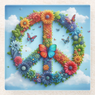 Cool & Colorful Floral Peace Sign mit Butterfly Glasuntersetzer