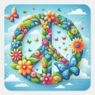 Cool & Colorful Floral Peace Sign mit Butterfly Quadratischer Aufkleber