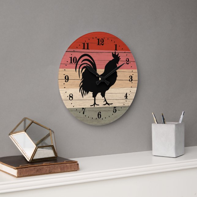 Cool Country rooster decor Large Clock Große Wanduhr (Büro)