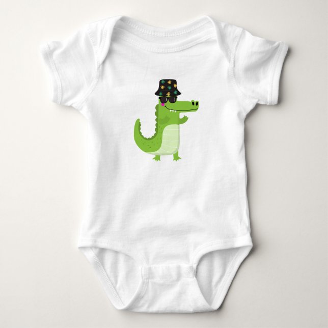 Cool Crocodile with Sunglasses and Leafy Bucket Baby Strampler (Vorderseite)