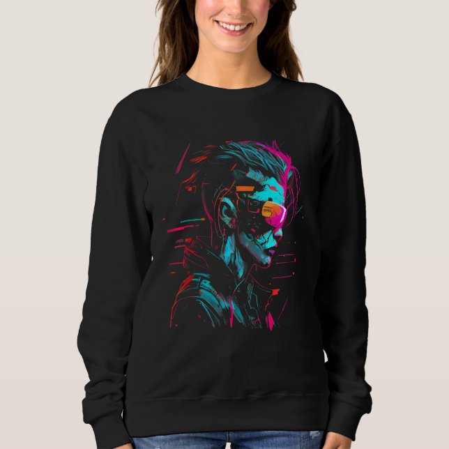 Cool Cyberpunk Style Girl Wearing Virtual Reality  Sweatshirt (Vorderseite)
