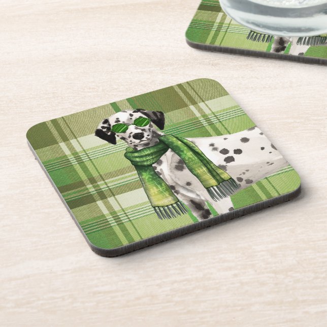 Cool Dalmatian in Sunglasses and Scarf Green Plaid Getränkeuntersetzer (Linke Seite)