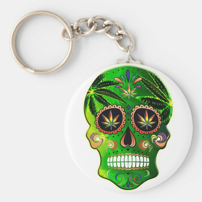 Cool Day of the Dead Sugar Skull Weed Schlüsselanhänger (Vorne)