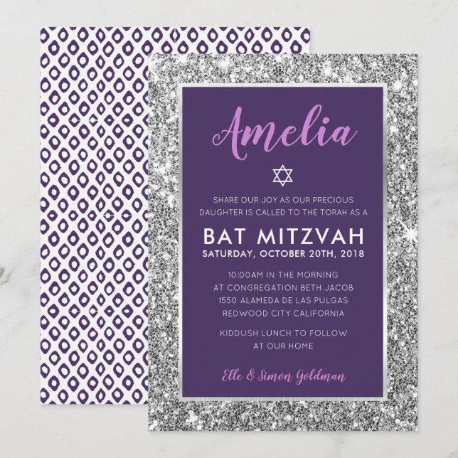 cool étoile bat mitzvah entre invitation argent vi (Devant / Derrière)