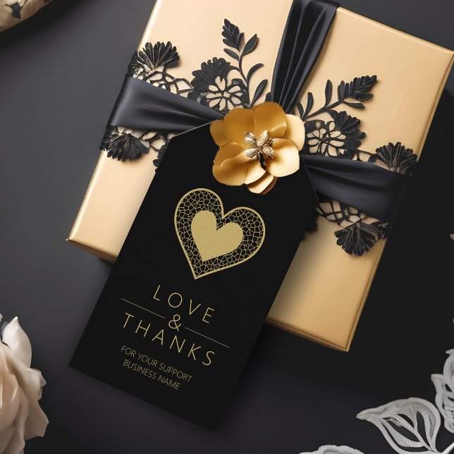 Cool Fake Gold Black Heart Lace Effect Love Thanks Geschenkanhänger (Cool Fake Golden Black Heart Lace Effect Love & Thanks Supporting Small Business Gift Tag.)