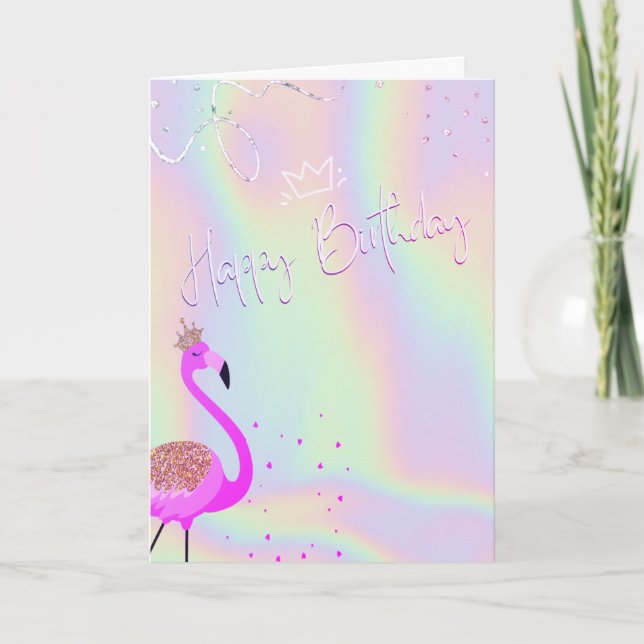Cool Flamingos Hearts Holographic Birthday  Karte (Vorderseite)