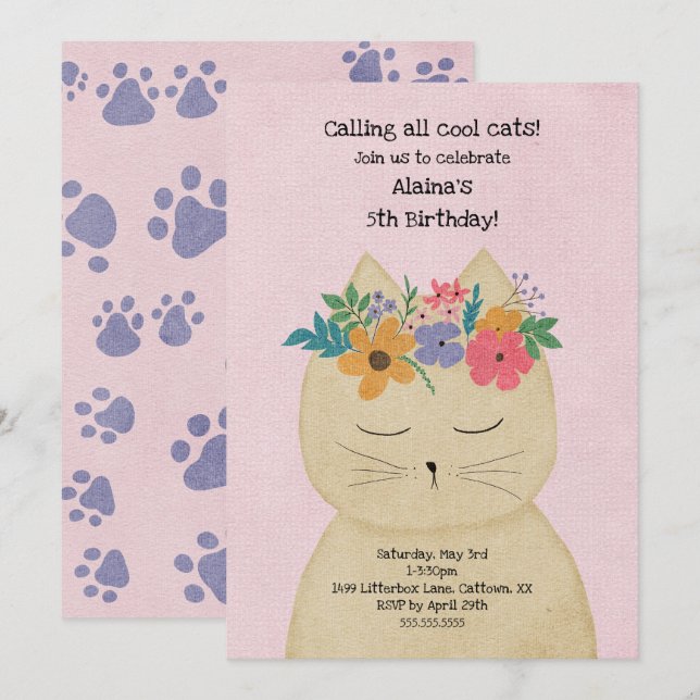Cool Floral Chat fille anniversaire invitation (Devant / Derrière)