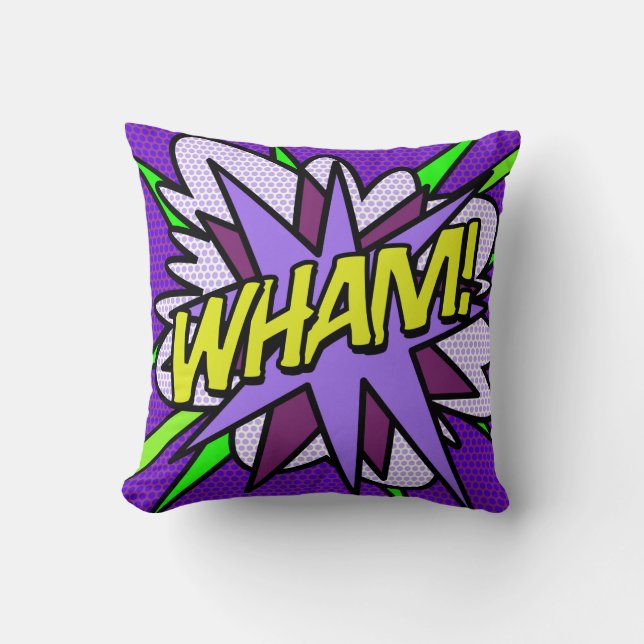 Cool Fun Comic Book WHAM Modernes Lila Kissen (Vorderseite)