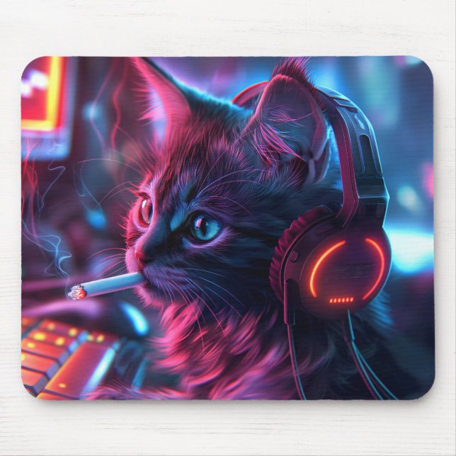 Cool Gamer Cat Rauchen Funny Mousepad (Vorne)