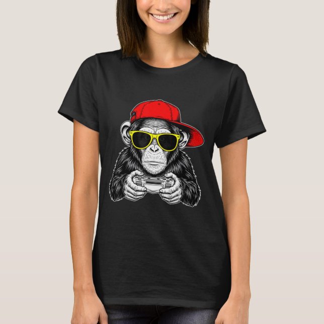 Cool Gamer Monkey With Controller Funny Gaming Vid T-Shirt (Vorderseite)