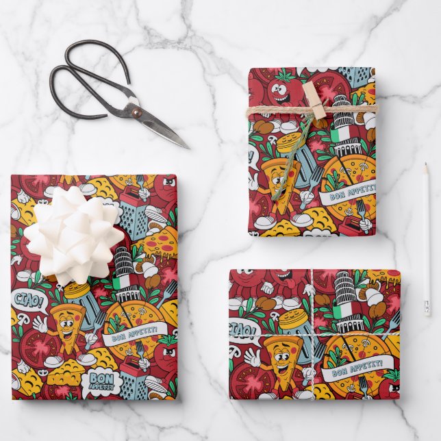 cool gefliestes Pizza-Party Geschenkpapier Set (Vorderseite)