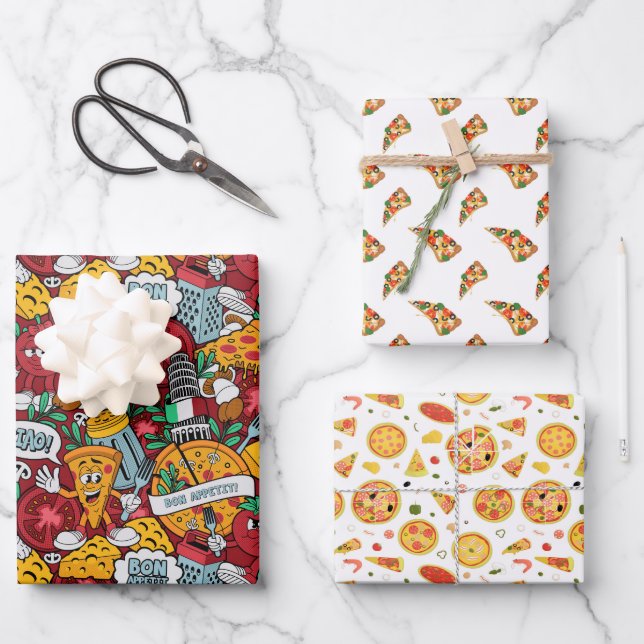 cool gefliestes Pizzas-Party Geschenkpapier Set (Vorderseite)