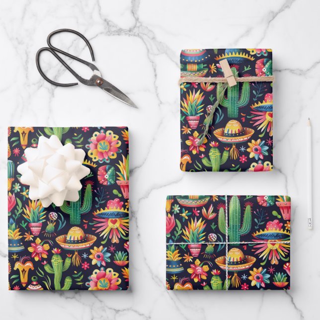 Cool gekacheltes mexikanisches Fiesta Party Wrappi Geschenkpapier Set (Vorderseite)