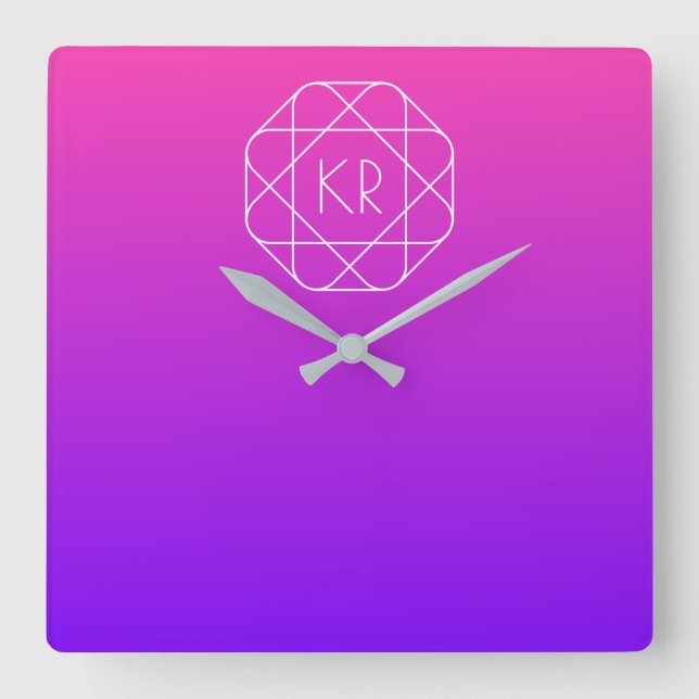 Cool Geometrisches Monogramm | Magenta Lila Violet Quadratische Wanduhr (Vorderseite)