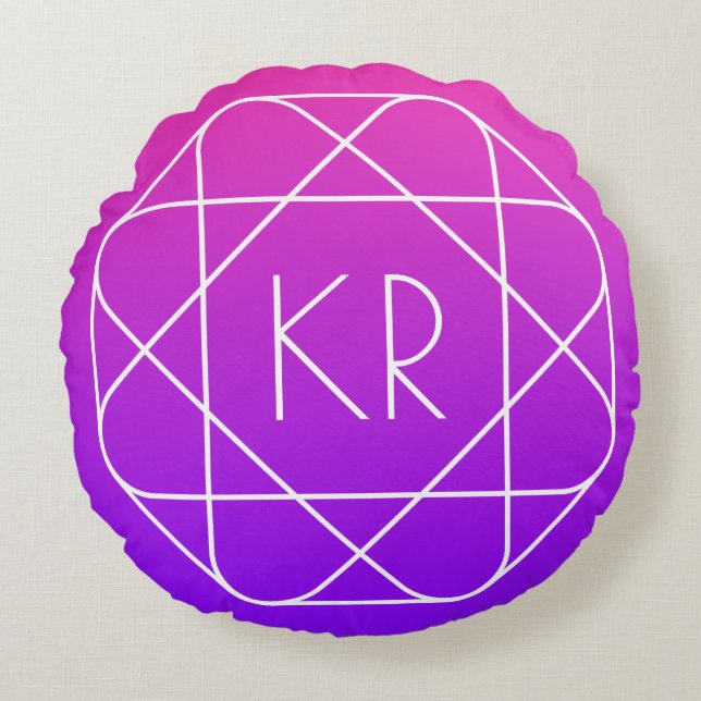 Cool Geometrisches Monogramm | Magenta Lila Violet Rundes Kissen (Vorderseite)