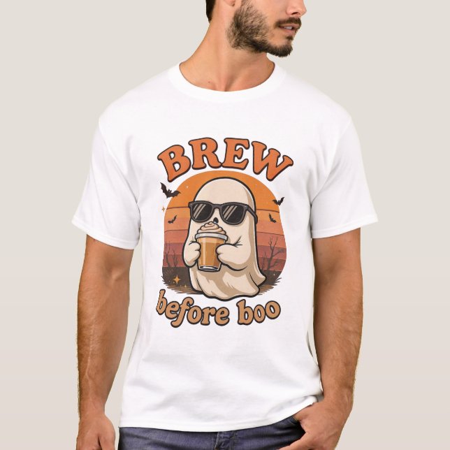 Cool Ghost with Coffee Halloween T-Shirt  (Vorderseite)