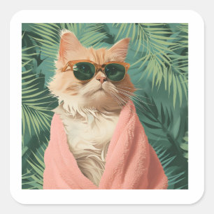 Cool Ginger Cat Vacation Vibes Ästhetik Quadratischer Aufkleber