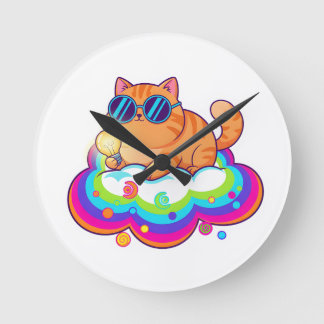 Cool Ginger Cat with Sunglasses Retro Vibe Round C Runde Wanduhr