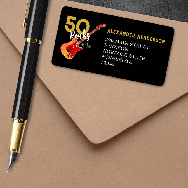 Cool Gitarre 50. Geburtstagsparty Rücksendeadresse Adressaufkleber (50 Rocks cool guitar 50th birthday party return address label black and gold rock and roll theme)